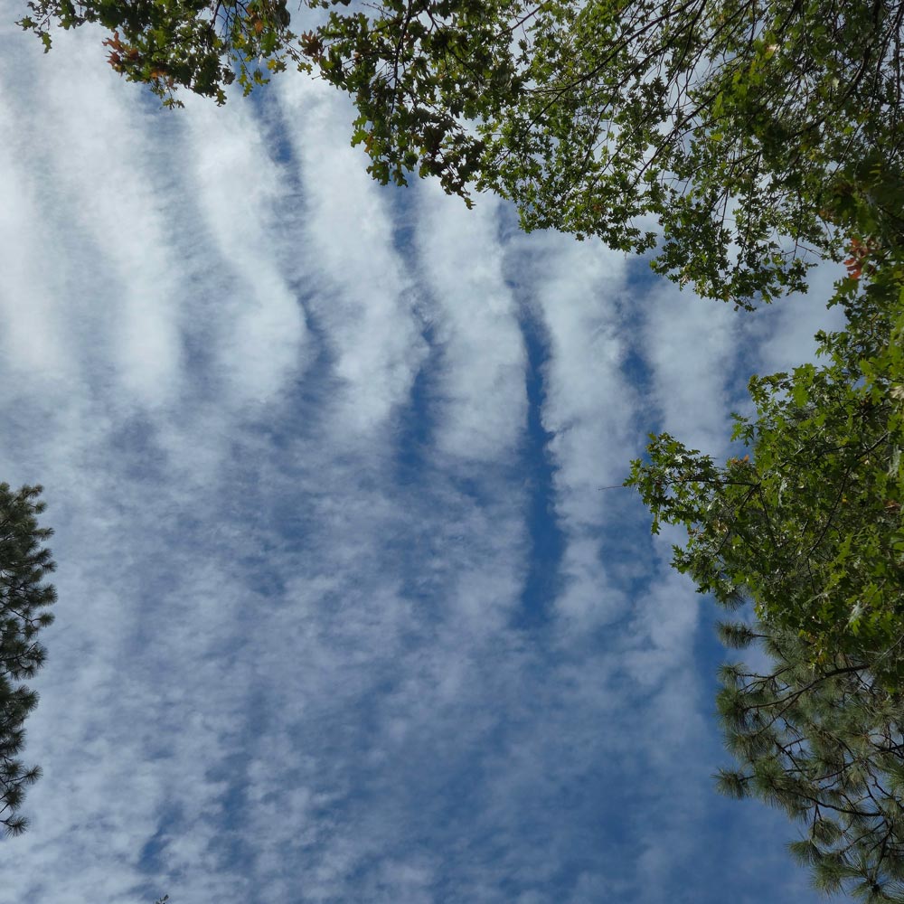 partly cloudy skies, clouds have a wave pattern in them